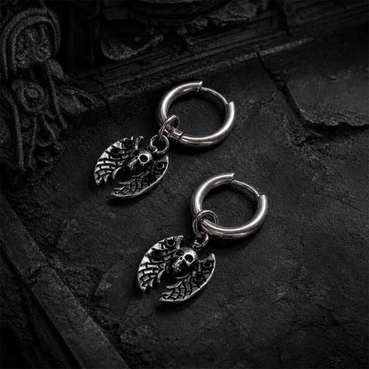 Gothic Bat Skull Dangle Earrings in Stainless Steel