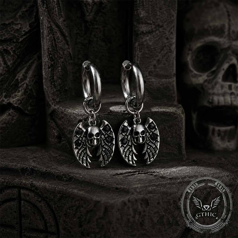 Gothic Bat Skull Dangle Earrings in Stainless Steel