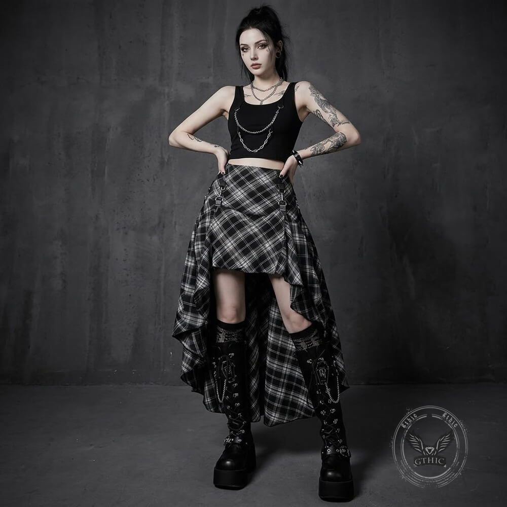 Gothic Black And White Checkered Irregular Skirt