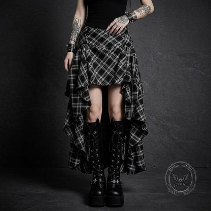 Gothic Black And White Checkered Irregular Skirt