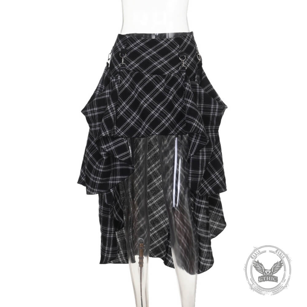 Gothic Black And White Checkered Irregular Skirt