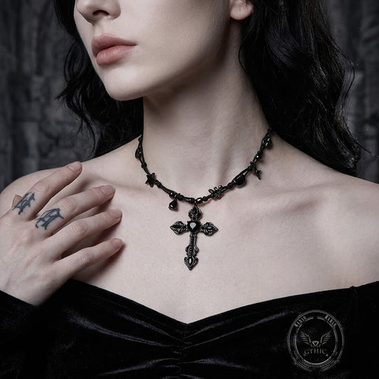 Gothic Black Gemstone Cross Alloy Clavicle Necklace