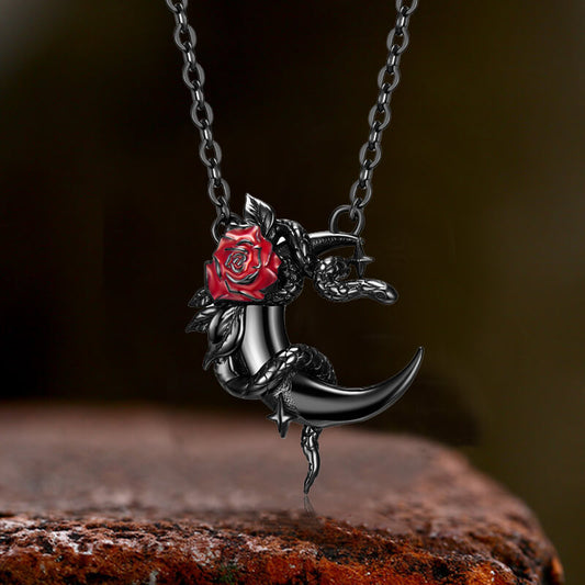 Gothic Black Snake Rose Moon Necklace in Sterling Silver