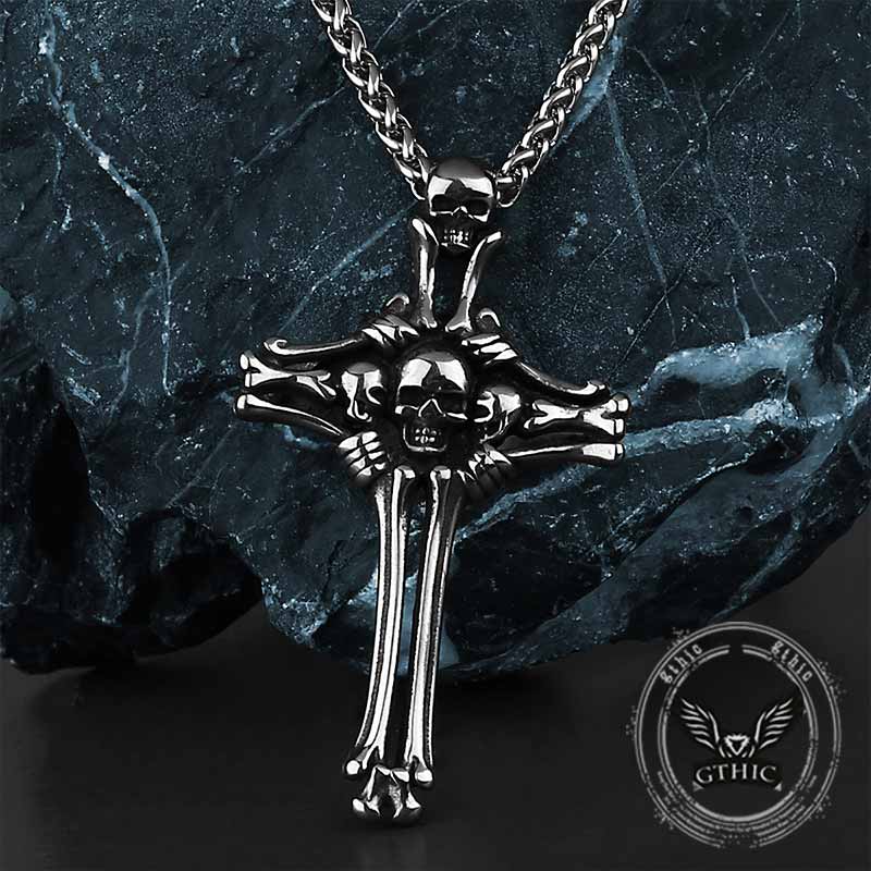 Gothic Bone Skull Cross Pendant in Stainless Steel