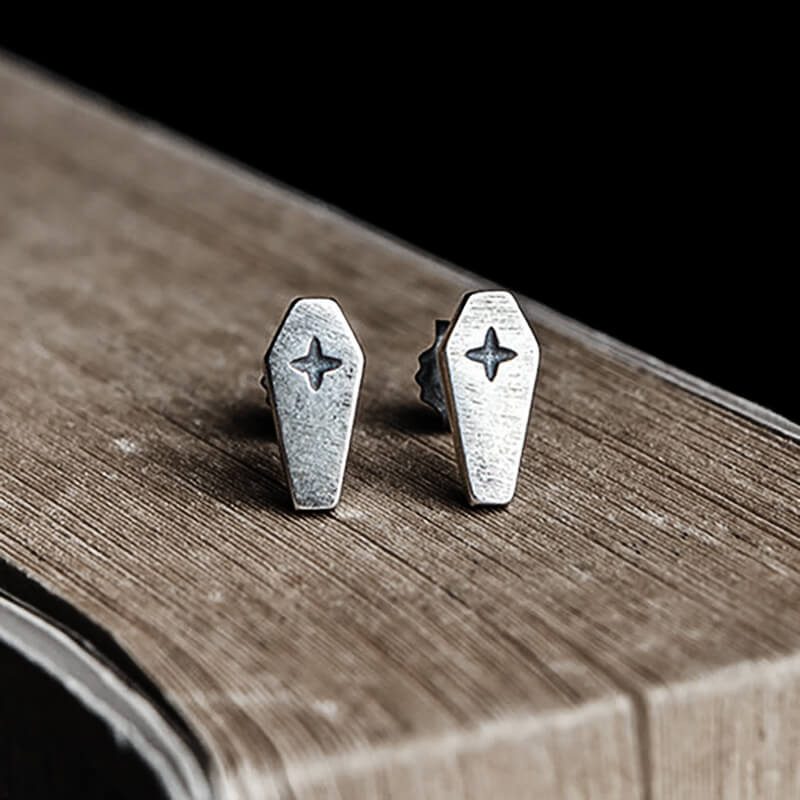 Gothic Coffin Cross Stud Earring in Sterling Silver