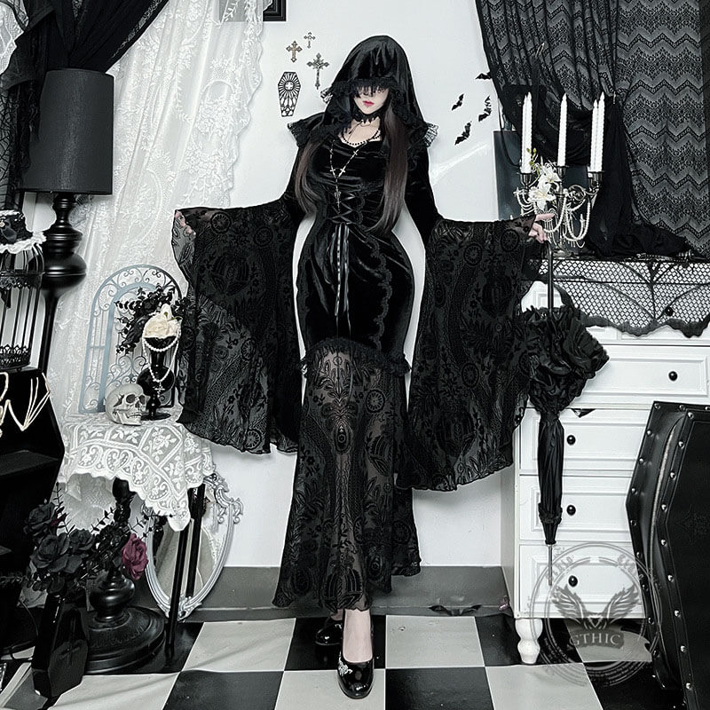 Gothic Cosplay Halloween Trumpet Sleeve Hip Cloak Dress