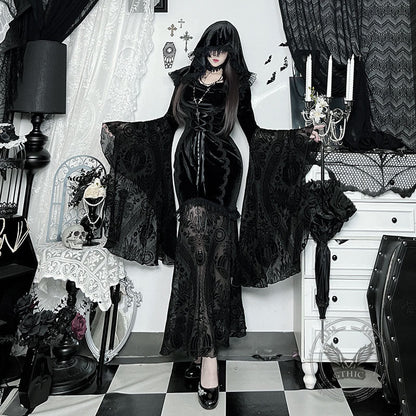 Gothic Cosplay Halloween Trumpet Sleeve Hip Cloak Dress