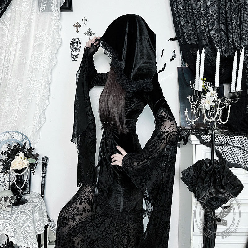 Gothic Cosplay Halloween Trumpet Sleeve Hip Cloak Dress