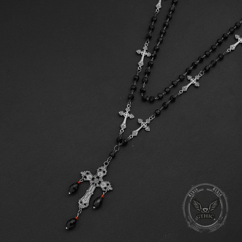 Gothic Cross Beaded Stainless Steel Stacking Necklace