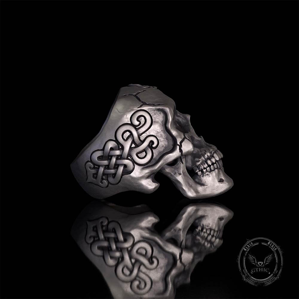 Gothic Cross Celtic Sterling Silver Cracked Skull Ring