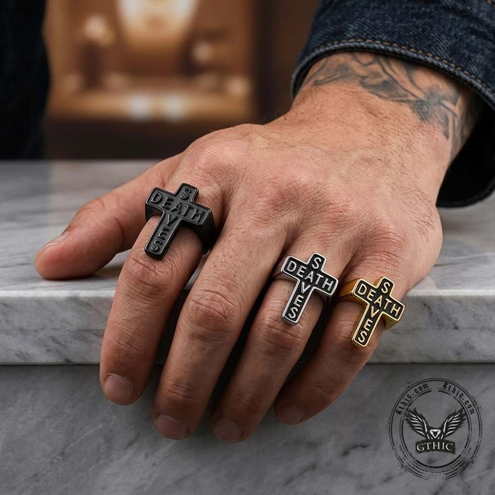 Gothic Death Saves Cross Ring in Stainless Steel