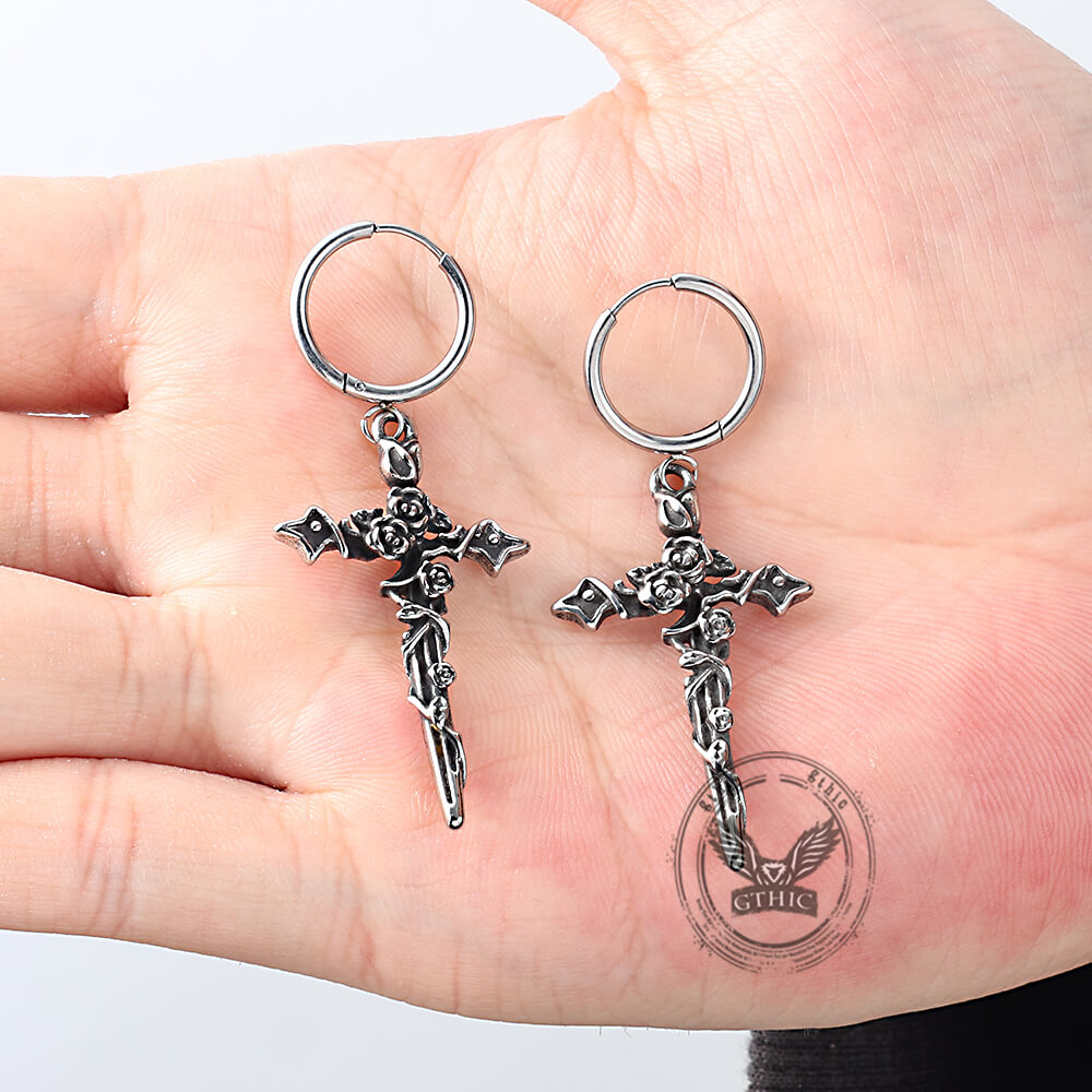 Gothic Forbidden Rose Cross Hoop Earrings in Stainless Steel