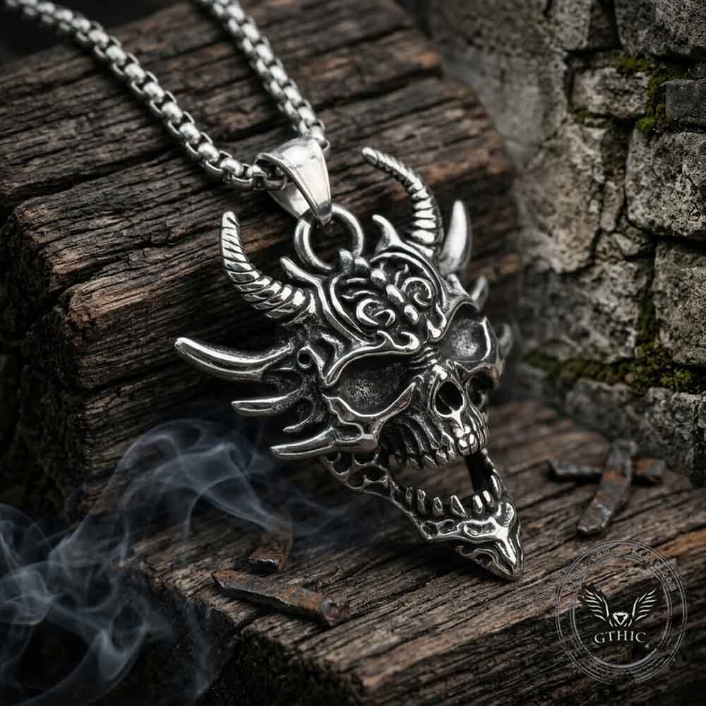 Gothic Hannya Horned Skull Pendant in Stainless Steel