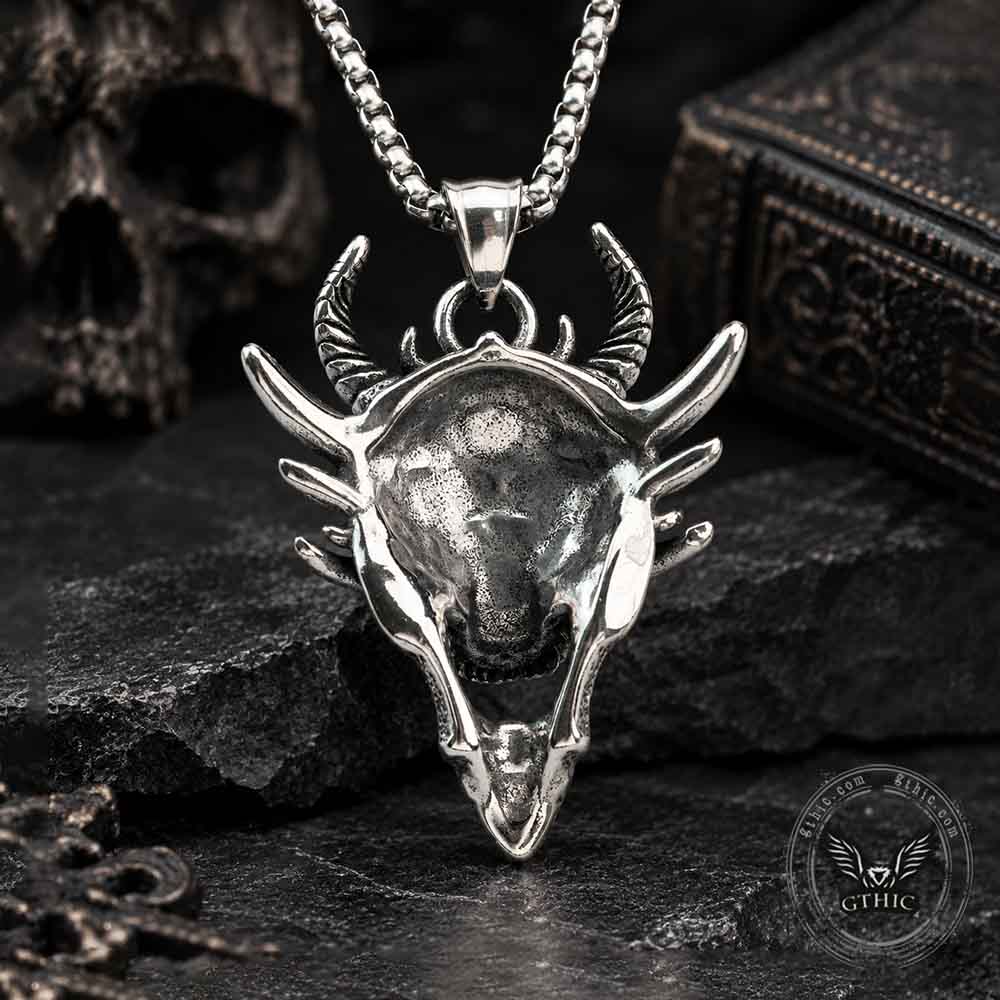 Gothic Hannya Horned Skull Pendant in Stainless Steel