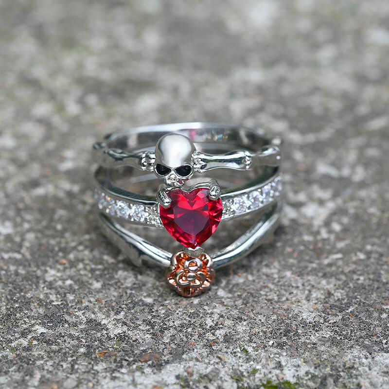 Gothic Heart Zircon Skull Brass Ring