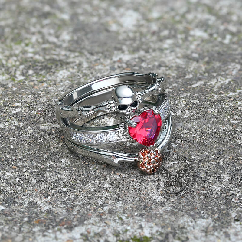 Gothic Heart Zircon Skull Brass Ring