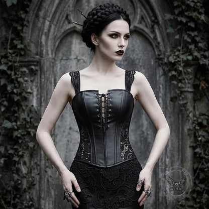 Gothic Lace Hem PU Leather Cutout Corset