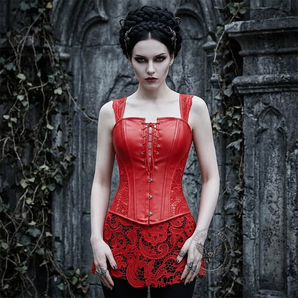 Gothic Lace Hem PU Leather Cutout Corset
