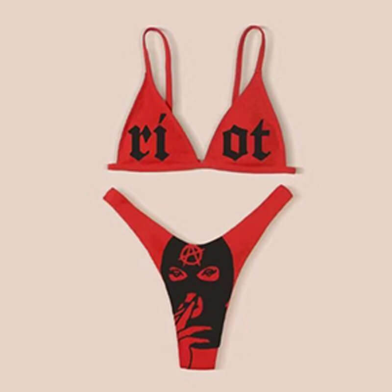 Gothic Letters Skull Print Bikini Set
