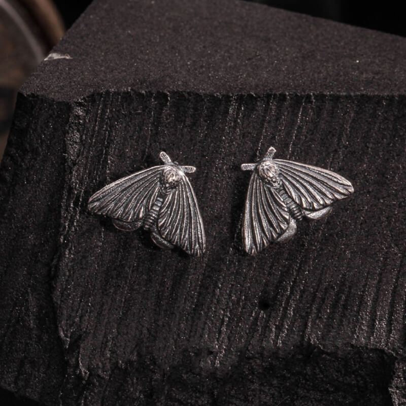 Gothic Moth Stud Earrings in Sterling Silver