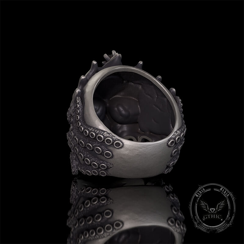 Gothic Octopus Gem Crown Skull Sterling Silver Ring