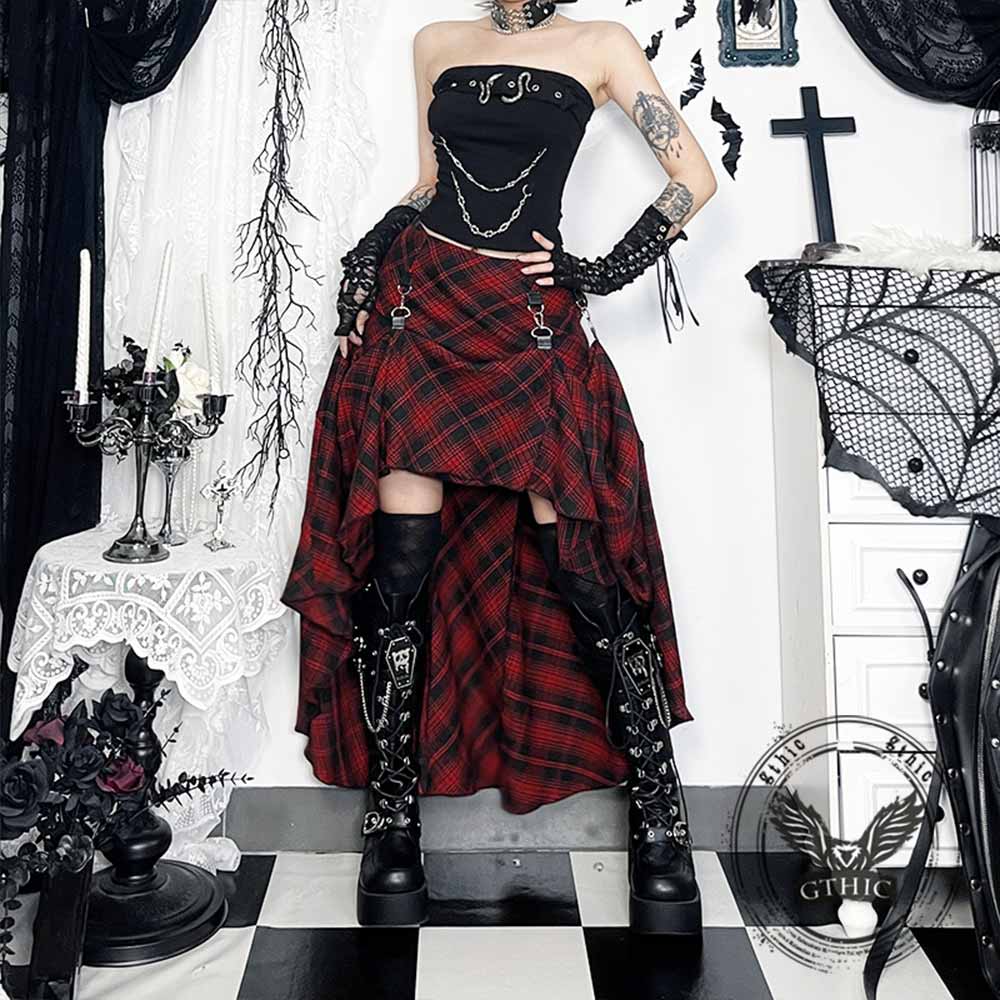 Gothic Red Checkered Irregular Adjustable Skirt