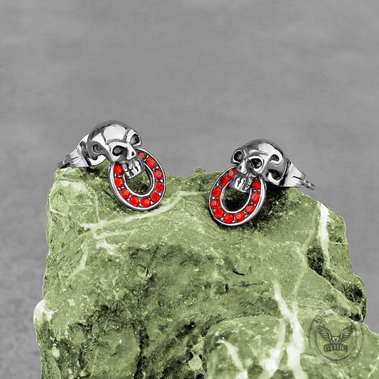 Gothic Red Gem Skull Stud Earrings in Stainless Steel