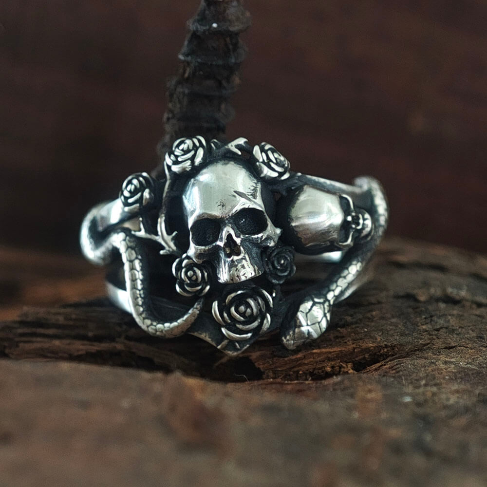 Gothic Rose Skull Snake Entwined Sterling Silver Ring