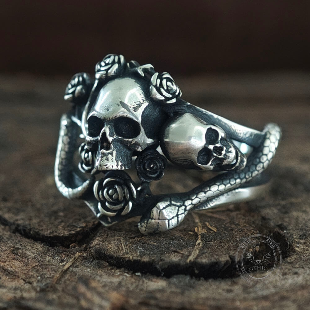 Gothic Rose Skull Snake Entwined Sterling Silver Ring