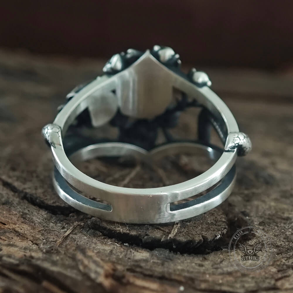 Gothic Rose Skull Snake Entwined Sterling Silver Ring