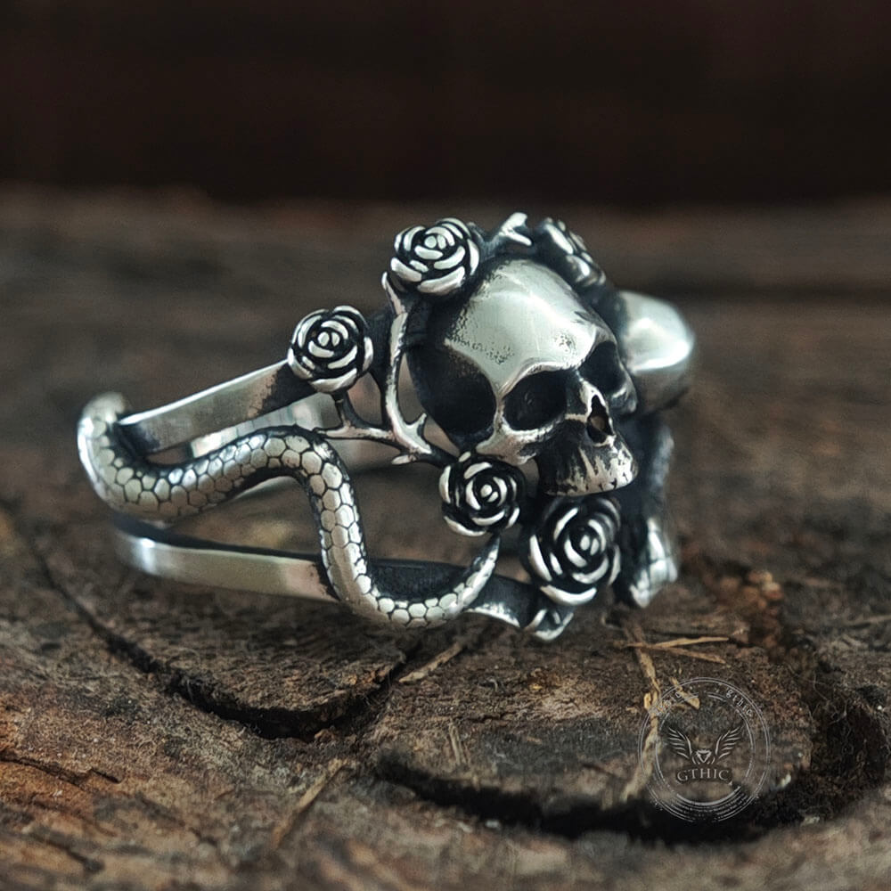 Gothic Rose Skull Snake Entwined Sterling Silver Ring