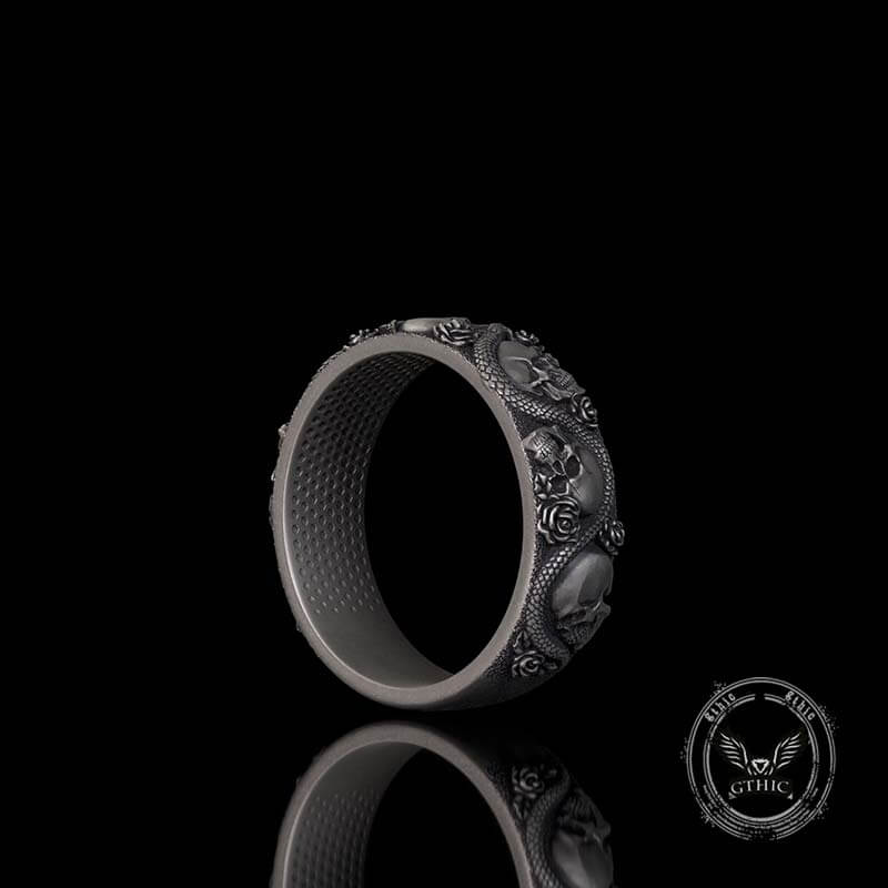 Gothic Rose Skull Snake Sterling Silver Ring