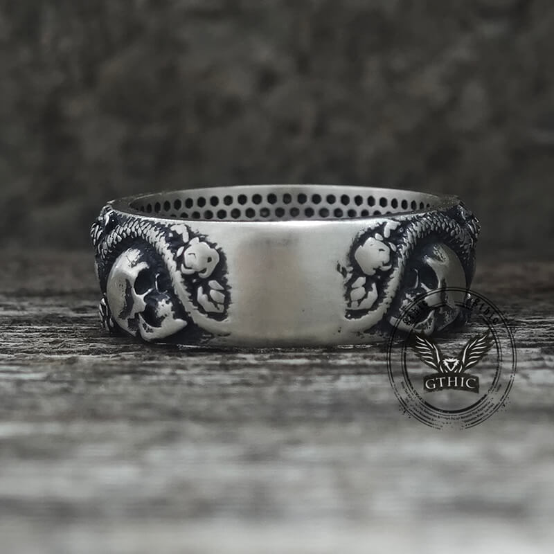 Gothic Rose Skull Snake Sterling Silver Ring