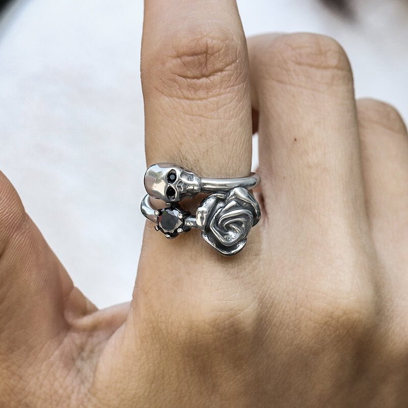 Gothic Rose Skull Stainless Steel Ring