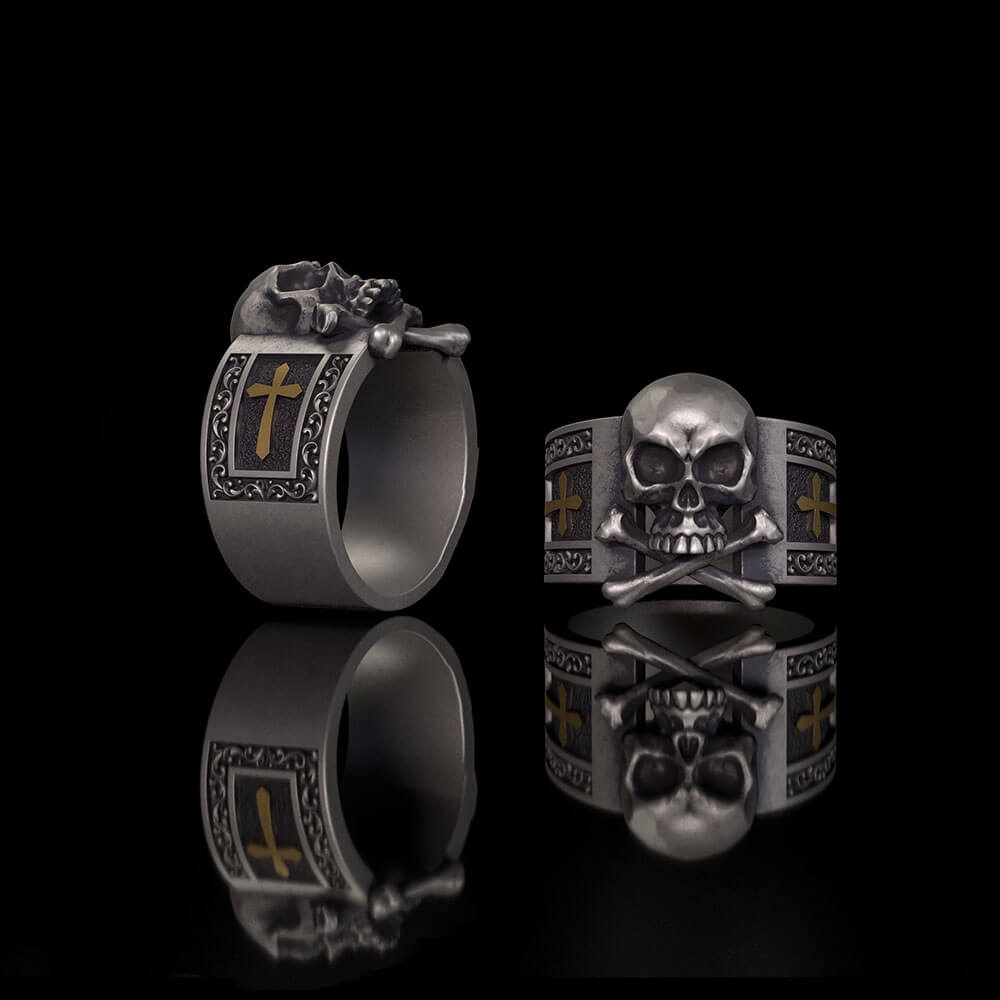 Gothic Skull Bone Cross Sterling Silver Ring