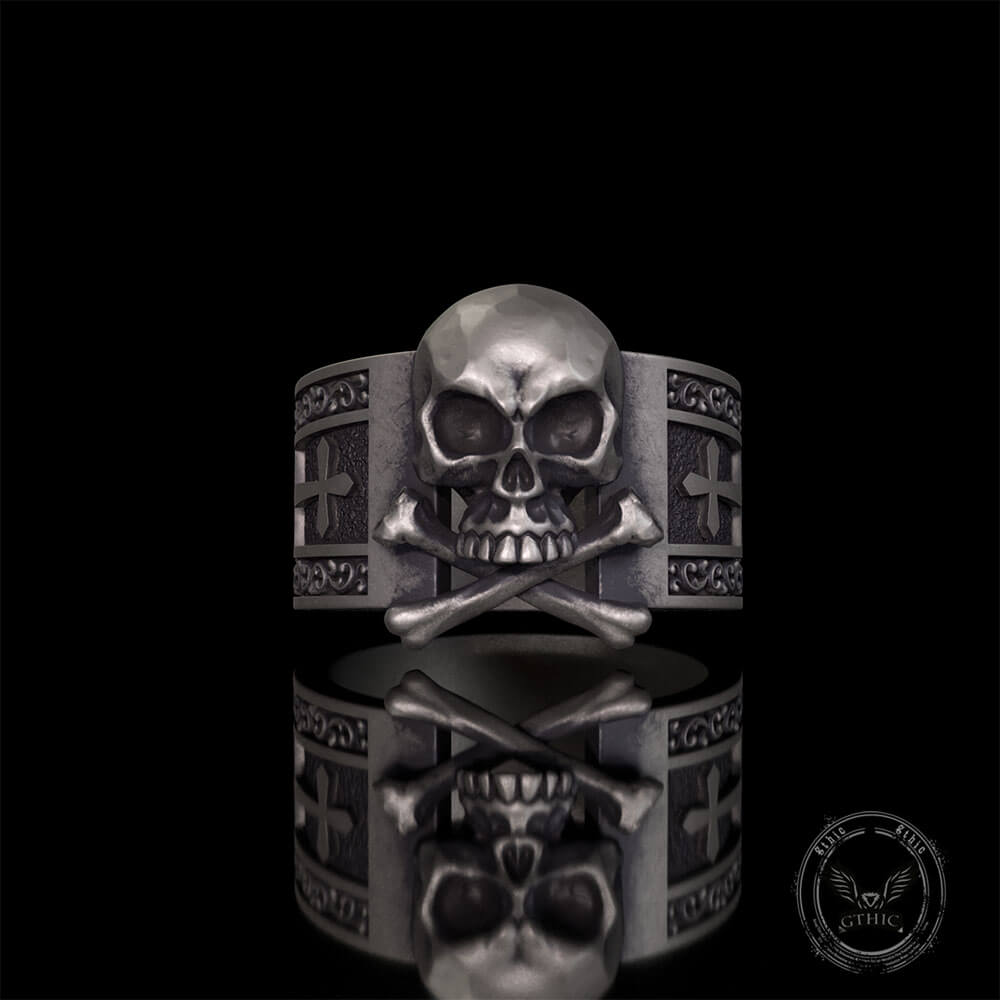 Gothic Skull Bone Cross Sterling Silver Ring