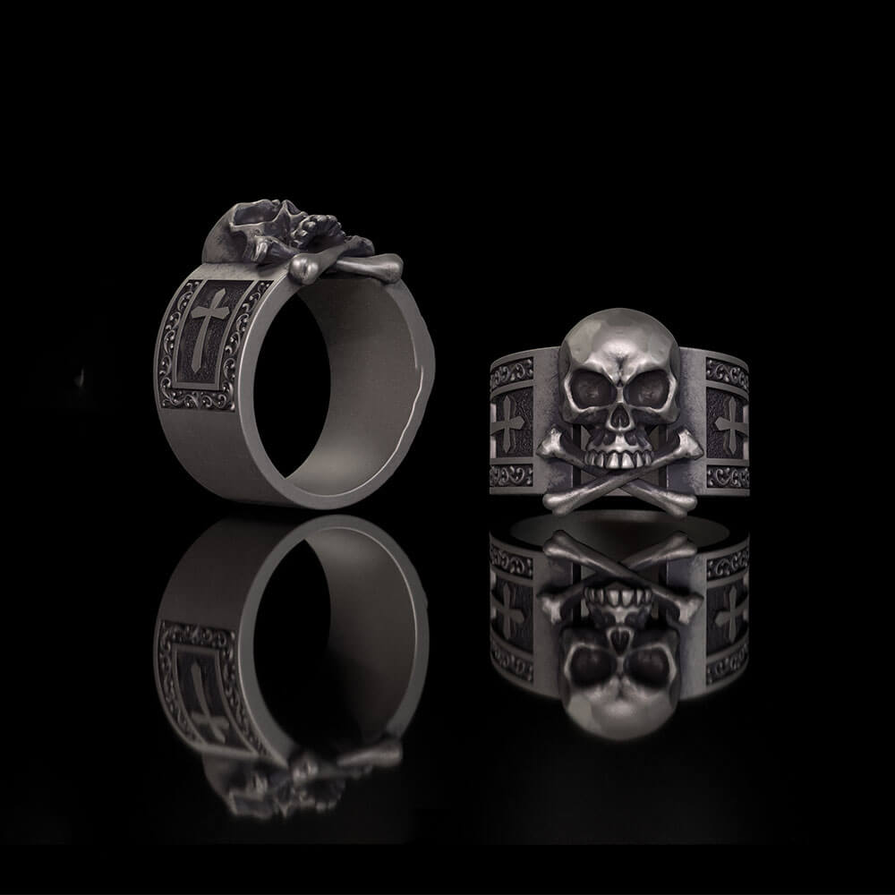 Gothic Skull Bone Cross Sterling Silver Ring