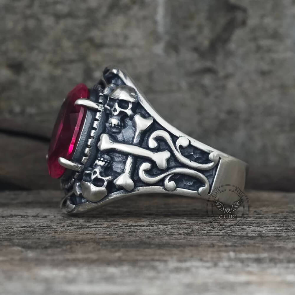 Gothic Skull Crossbones Sterling Silver Gem Ring