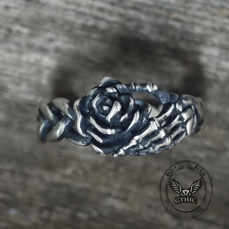 Gothic Skull Hand Holding Rose Sterling Silver Ring