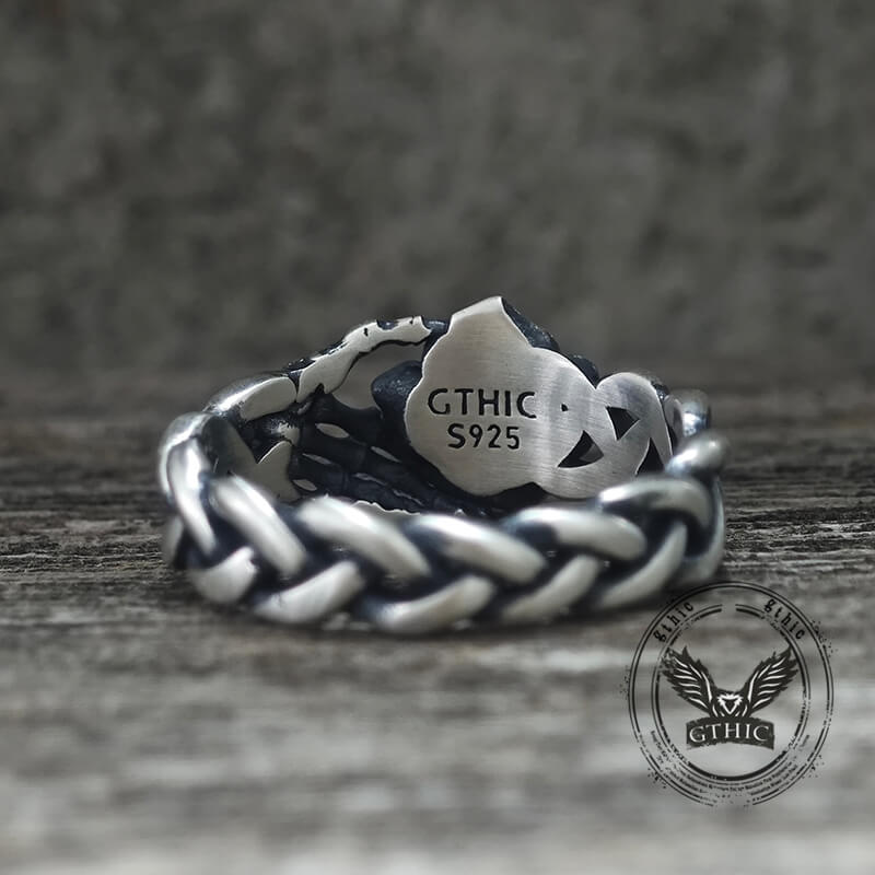 Gothic Skull Hand Holding Rose Sterling Silver Ring