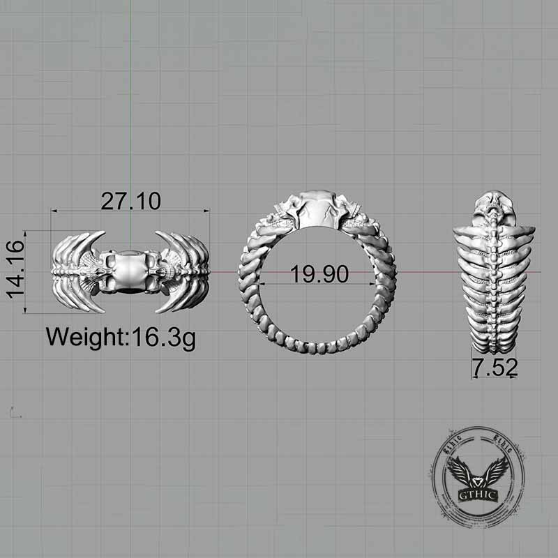 Gothic Skull Head Spine Sterling Silver Ring
