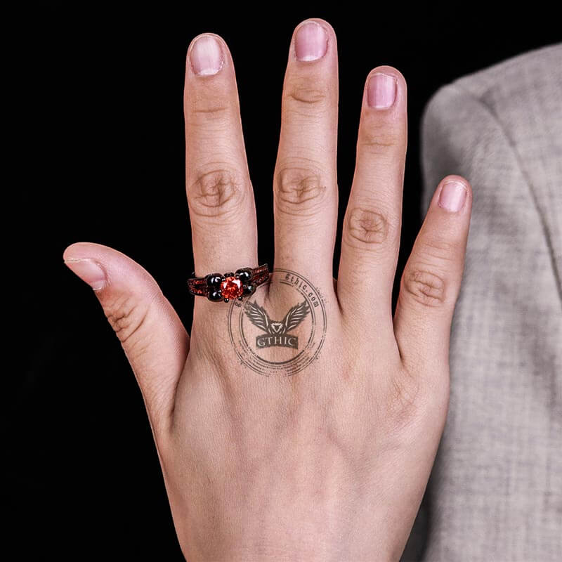 Gothic Skulls Red Zircon Ring in Brass