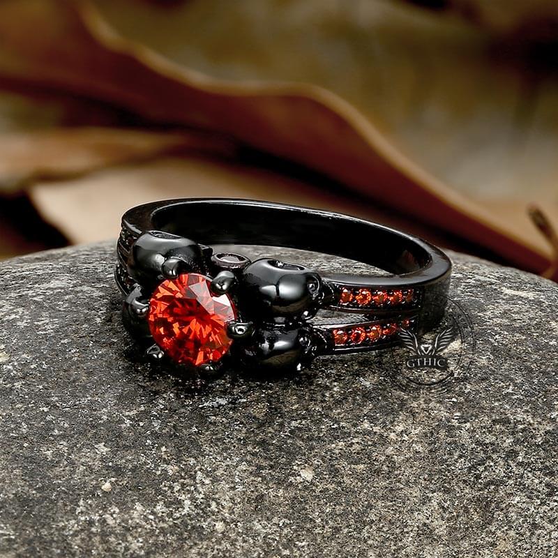 Gothic Skulls Red Zircon Ring in Brass
