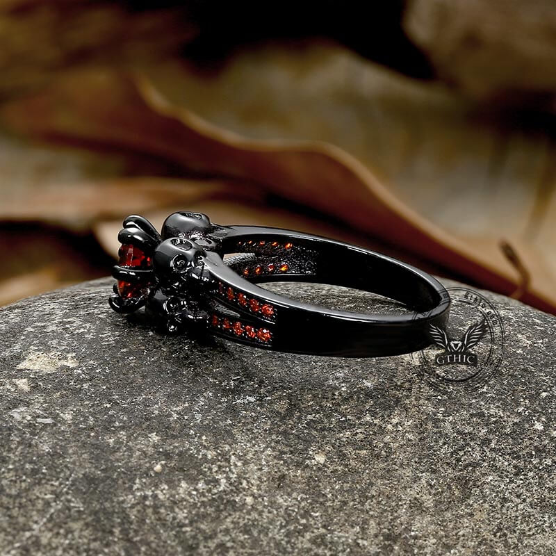 Gothic Skulls Red Zircon Ring in Brass