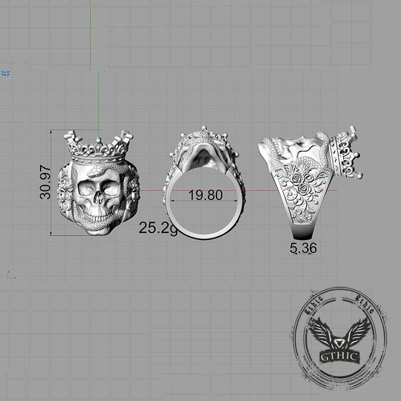 Gothic Snake Entwined Crown Skull Sterling Silver Ring