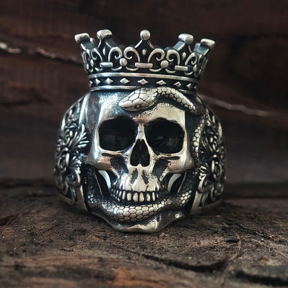 Gothic Snake Entwined Crown Skull Sterling Silver Ring