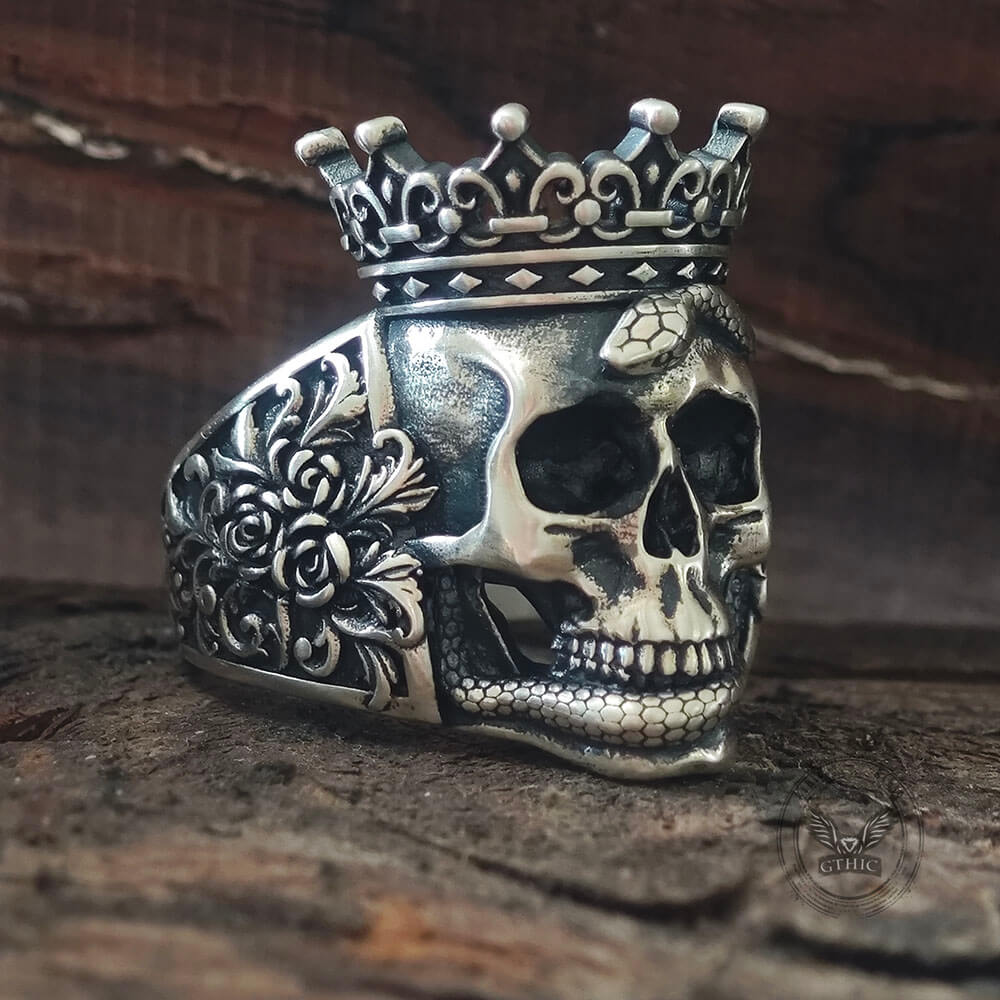Gothic Snake Entwined Crown Skull Sterling Silver Ring
