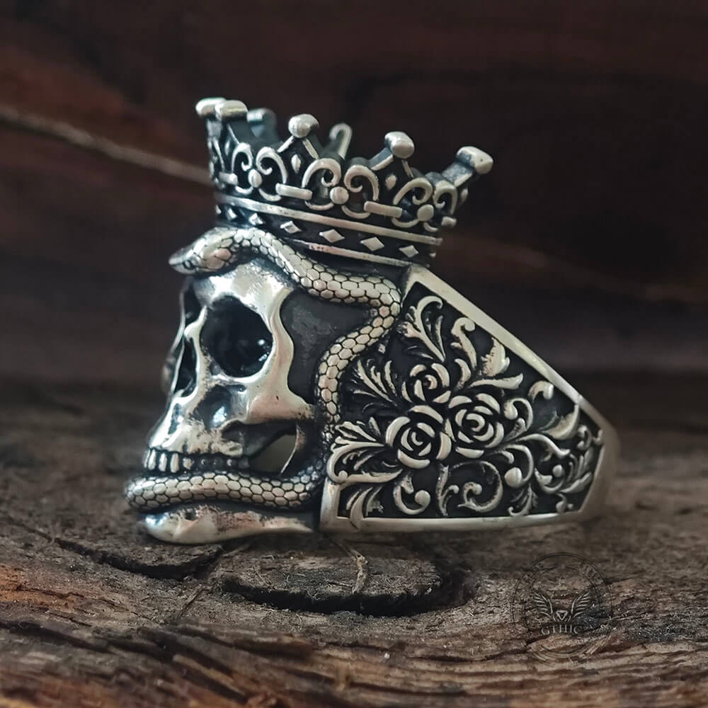 Gothic Snake Entwined Crown Skull Sterling Silver Ring
