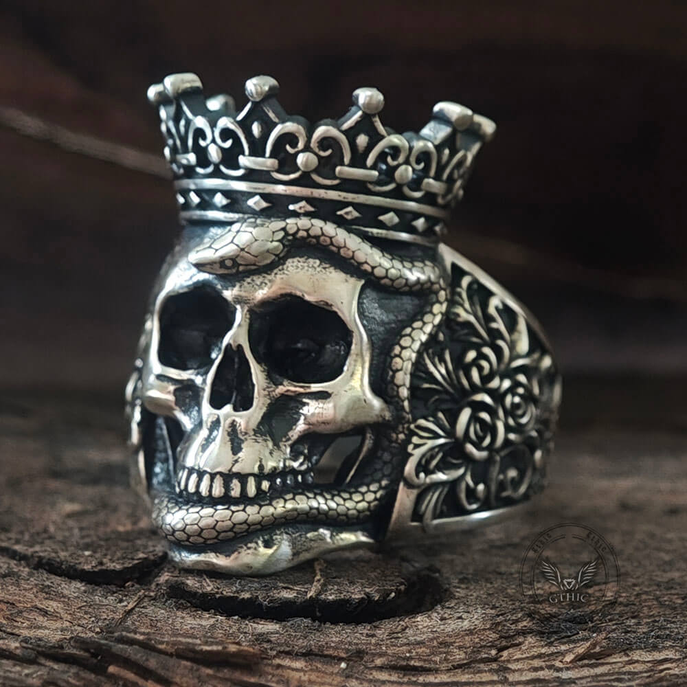 Gothic Snake Entwined Crown Skull Sterling Silver Ring