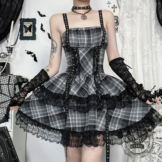 Gothic Style Black and Gray Plaid Lace Dress